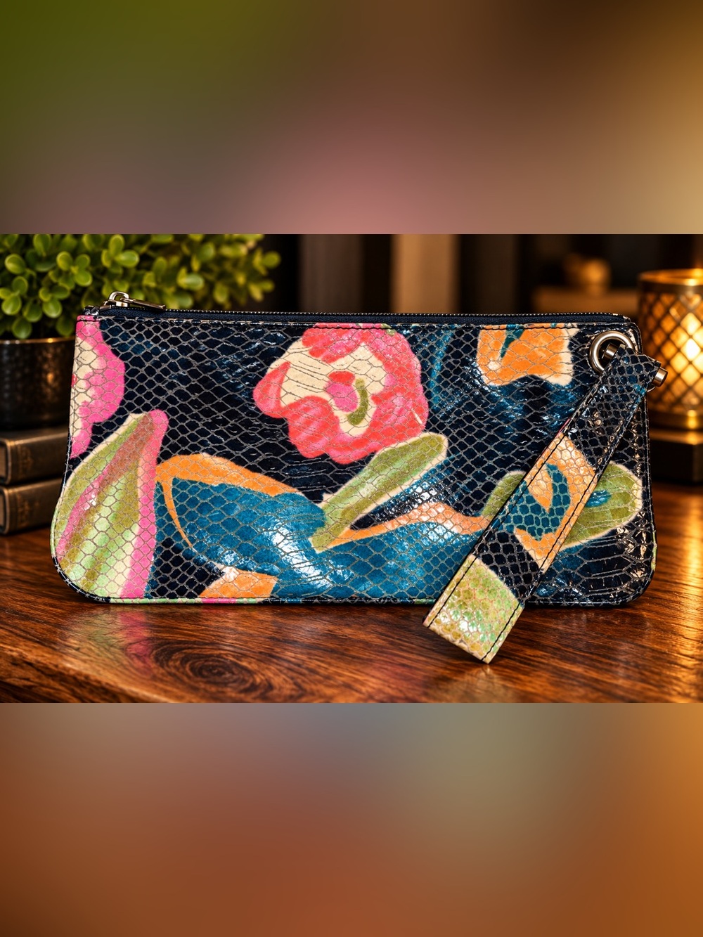 HOBO International Floral Snake-Embossed Leather Wristlet Clutch Wallet